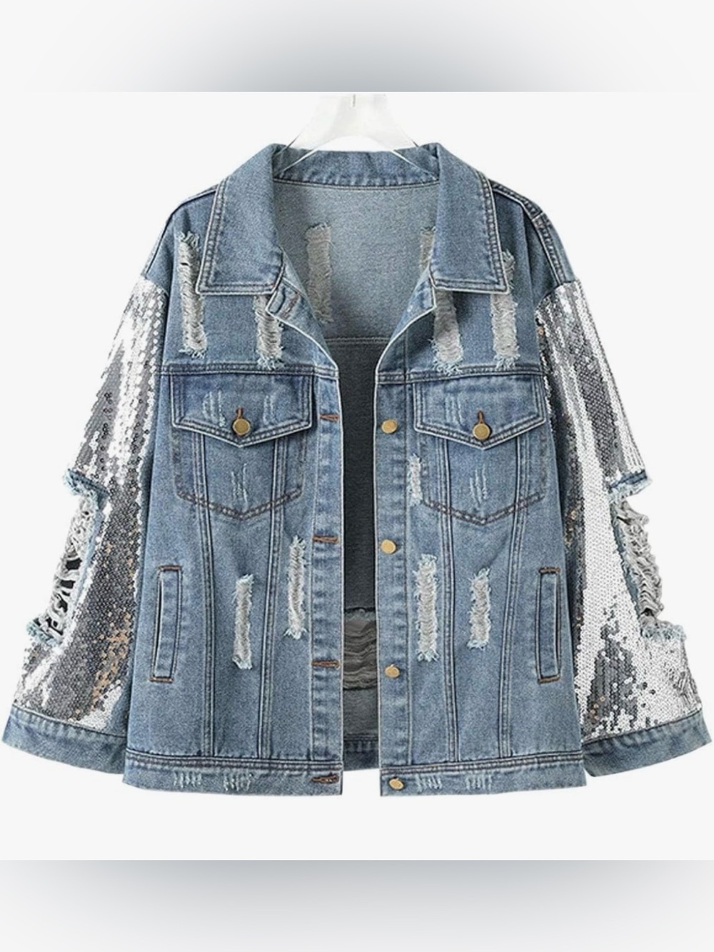 Cellabie Sequins Sleeve Denim Jean Jacket Ripped Destroyed Oversized Size L